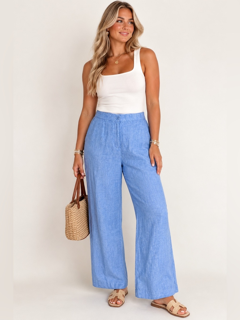 Talbots XL 100% Linen Blue High Rise Wide Leg Coastal Pants 36 Waist Sz 14